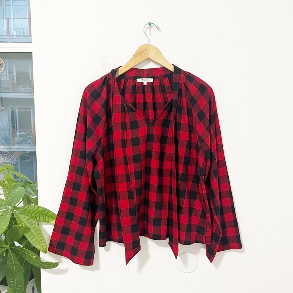 Madewell Tie Neck Popover Shirt in Buffalo Check Red & Black Size Large